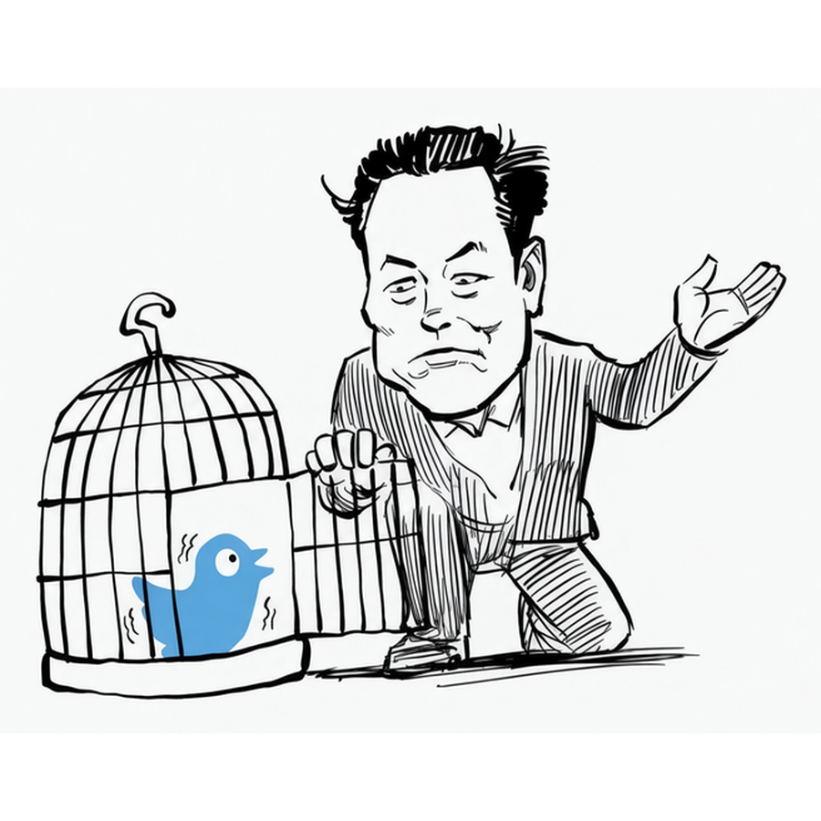 Ink drawing: a man opens a birdcage. A small blue bird looks out.