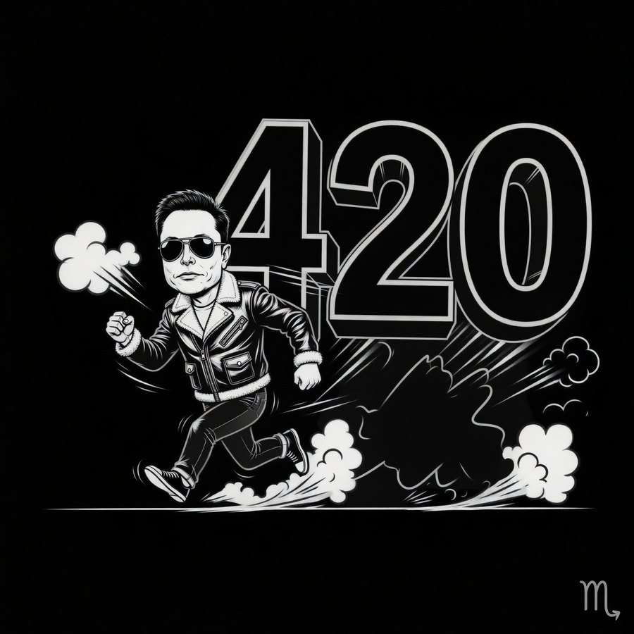 Cartoon: a figure in a leather jacket runs past giant numerals 420.