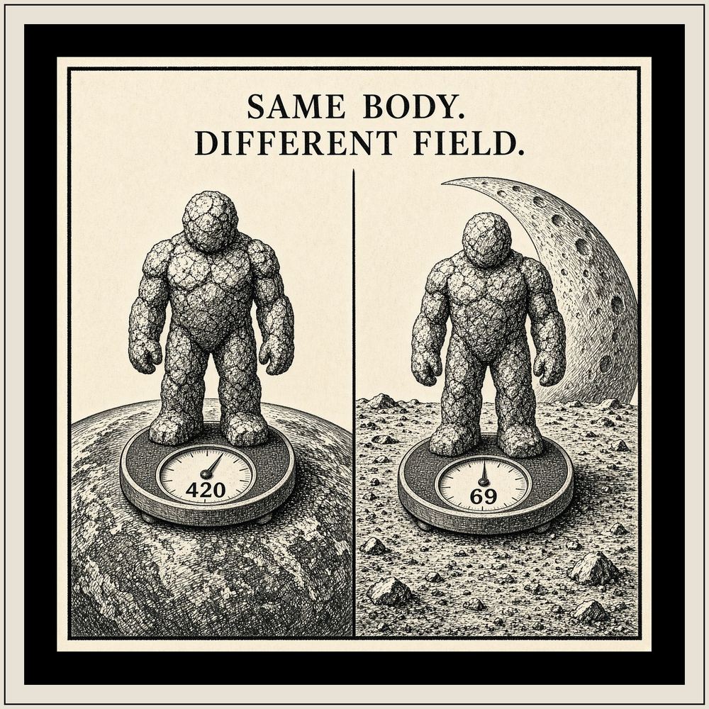 Cartoon: the same stone body on Earth reads 420, on the Moon 69.
