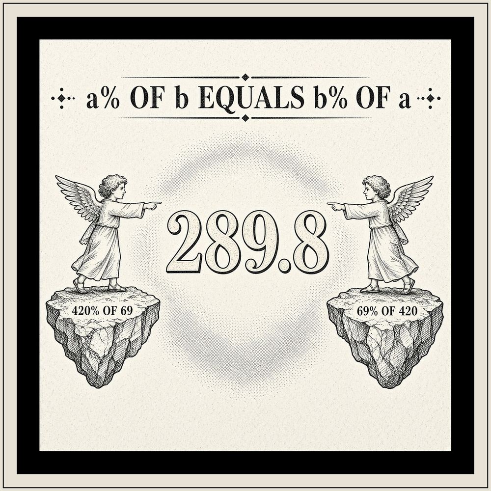 Two identical messengers point at 289.8. 420 percent of 69 equals 69 percent of 420.