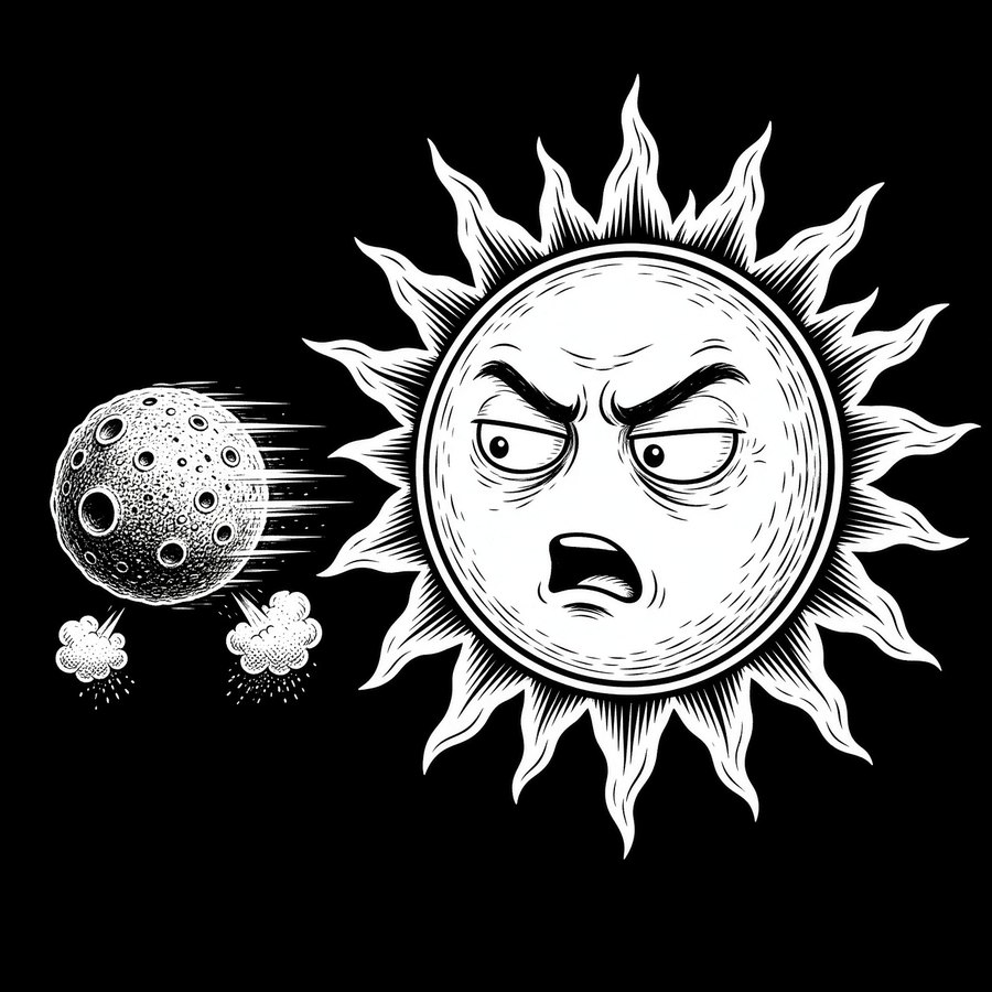 Cartoon: a small planet races past the Sun. The Sun looks back.