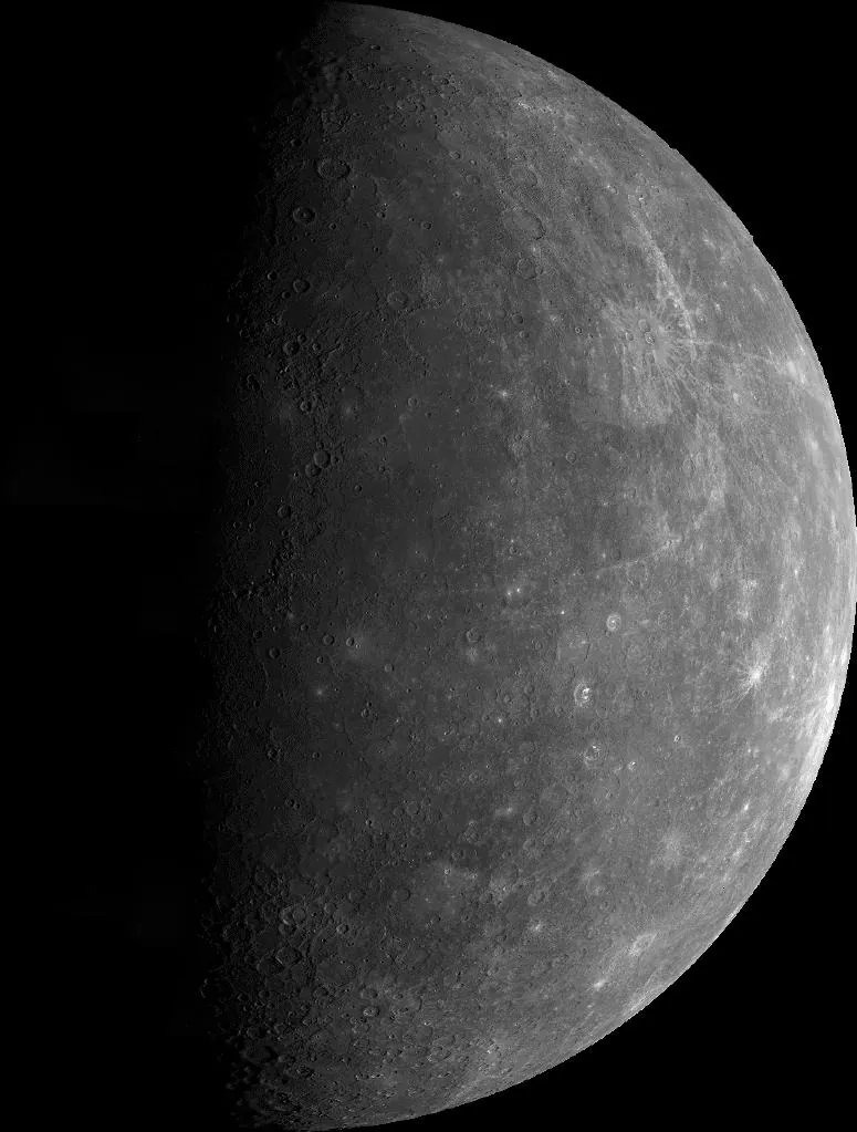 Mariner 10 mosaic of Mercury’s outgoing hemisphere, 29 March 1974.