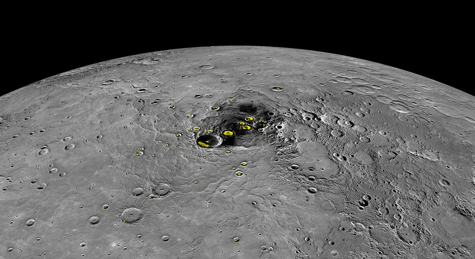 Orthographic view of Mercury’s north polar region with yellow patches marking radar-bright ice deposits inside permanently shadowed craters.